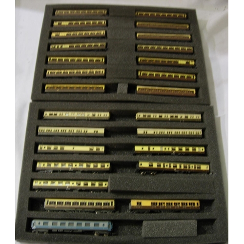 2100 - N gauge; twenty six coaches, mostly chocolate/cream, various makes and types. Mostly in good - very ... 