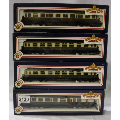 2130 - Four Bachmann Collett 60ft coaches, GWR chocolate/cream, 34-076, 34-051, 34-100B, 34-050B. All very ... 