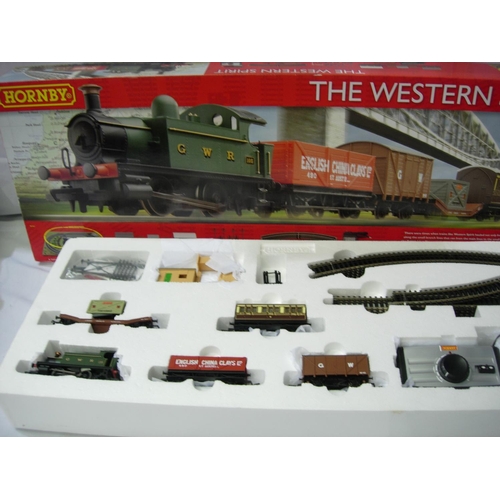 2131 - Hornby R1161 Western Spirit train set, 0.4.0 tank loco, three wagons and 1x coach, track, controller... 