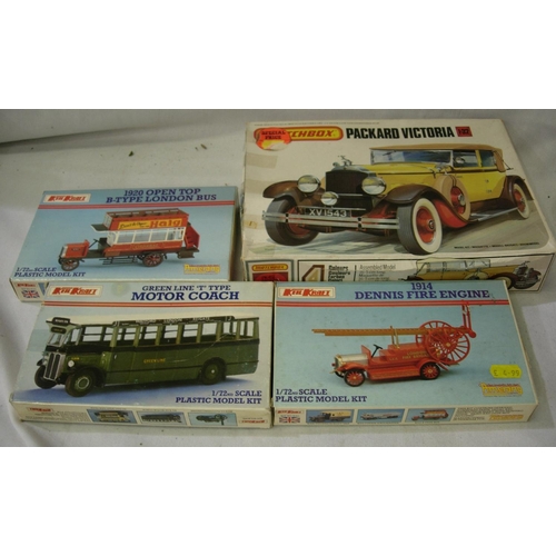 2157 - Matchbox 1/32 scale plastic kit of a Packard Victoria, 3x Keilkraft 1/72 scale kits; bus and fire en... 