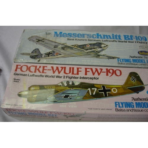 2159 - Two Guillows Balsa/Tissue rubber powered flying model aircraft kits, FW190 - 16 1/2 inch wingspan an... 