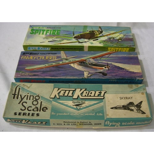 2161 - Three vintage Keilkraft balsa/tissue, flying model aircraft kits: Skyray, Spitfire & Piper Family Cr... 