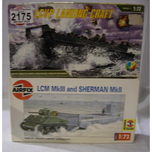 2175 - Two Airfix 1/72 scale military kit, LCVP Troop Landing Craft and LCM MKIII Landing Craft with Sherma... 