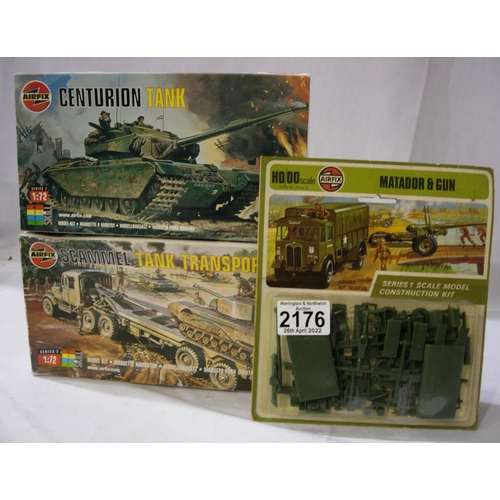 2176 - Three Airfix 1/72 scale military kits - Scammell Tank Transporter, Centuman Tank and Matador with Gu... 