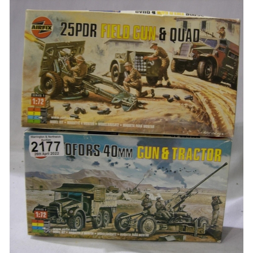 2177 - Three Airfix 1/72 scale military kits - Field Gun and Quad, Bofurs 40mm Gun and Tractor, both appear... 