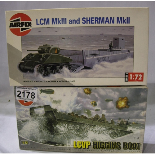 2178 - Two Airfix 1/72 military kits - LCVP Troop Higgins Boat, LCM MKIII Landing Craft with Sherman Tank, ... 