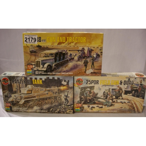 2179 - Three Airfix 1/72 scale military kits - 88mm Gun and Tractor, Field Gun and Quad and Panzer IV Tank,... 