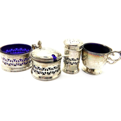 106 - Three piece Chester hallmarked silver cruet and a further silver salt. P&P Group 2 (£18+VAT for the ... 