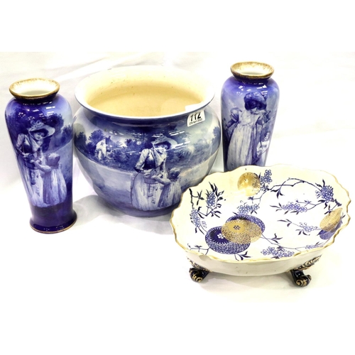 112 - Royal Doulton blue planter, vases and a further footed bowl. Jardiniere has small crack, one vase ha... 