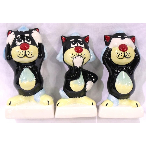 150 - Lorna Bailey Speak No Evil, See No Evil, Hear No Evil cat figurines, each H: 14 cm. No cracks, chips... 