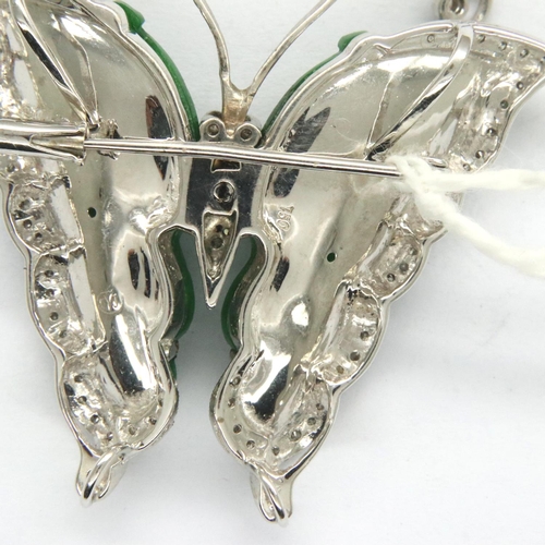 56 - Jade and diamond butterfly brooch set in 18ct white gold, L: 39 mm, 12.2g. P&P Group 1 (£14+VAT for ... 