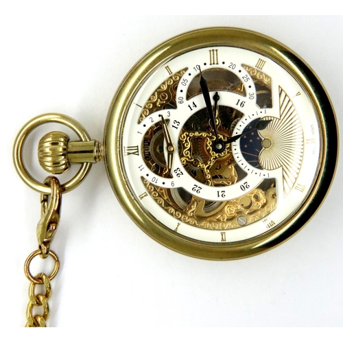 67 - Modern gold plated skeleton pocket watch with chain on a wooden stand. P&P Group 1 (£14+VAT for the ... 