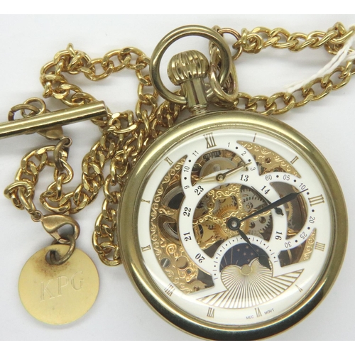 67 - Modern gold plated skeleton pocket watch with chain on a wooden stand. P&P Group 1 (£14+VAT for the ... 