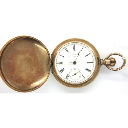 68 - Waltham full hunter crown wind gold plated pocket watch with subsidiary seconds dial. Case cover is ... 