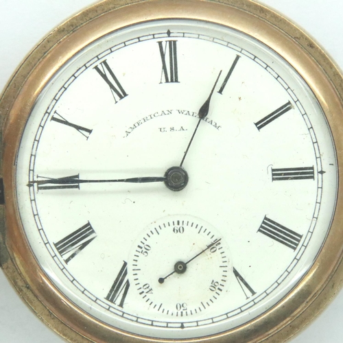 68 - Waltham full hunter crown wind gold plated pocket watch with subsidiary seconds dial. Case cover is ... 