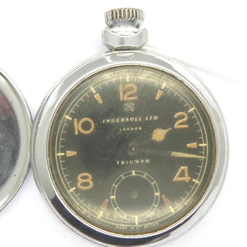 69 - Ingersoll Triumph crown wind chromium cased pocket watch with black dial, not working. P&P Group 1 (... 