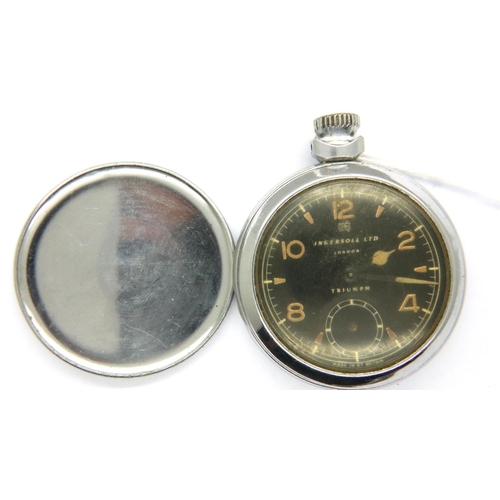 69 - Ingersoll Triumph crown wind chromium cased pocket watch with black dial, not working. P&P Group 1 (... 