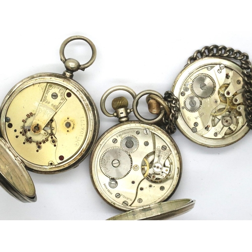 70 - Three hallmarked silver pocket watches for restoration with a hallmarked silver watch chain. P&P Gro... 