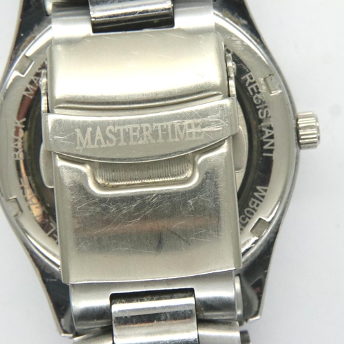 74 - Master Time; gents automatic skeleton wristwatch on stainless steel bracelet, working at lotting. P&... 