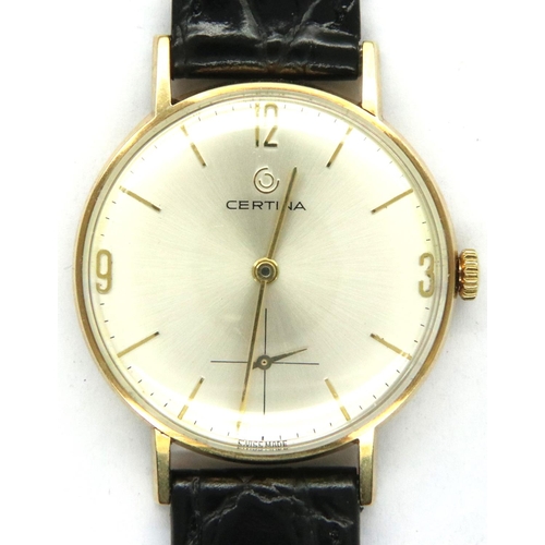 80 - Certina; gents dress wristwatch in a 9ct gold case, champagne dial with seconds subdial at 18:00, me... 