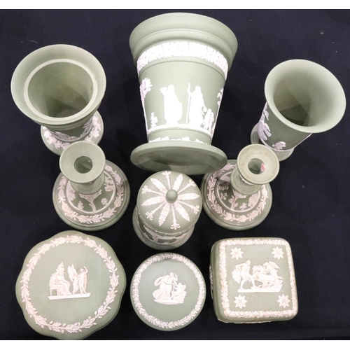 176 - Nine pieces of green Wedgwood Jasperware, largest H: 17 cm.  P&P Group 2 (£18+VAT for the first lot ... 