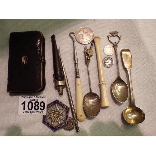 1089 - Early Victorian silver mustard spoon, two further hallmarked silver spoons and mixed collectables. P... 