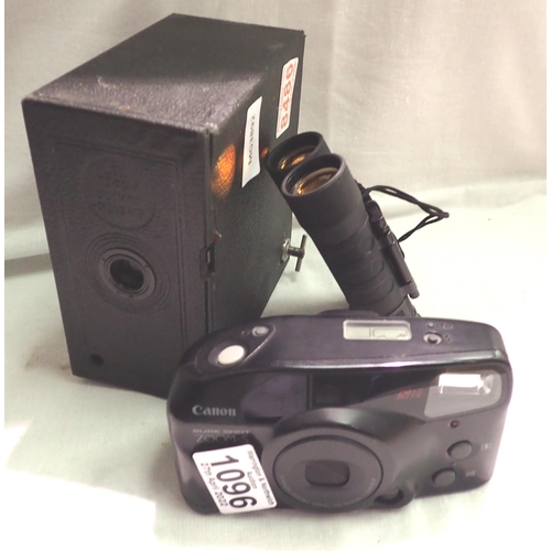 1096 - Vintage box camera, Canon Sureshot and a pair of mini binoculars. P&P Group 2 (£18+VAT for the first... 