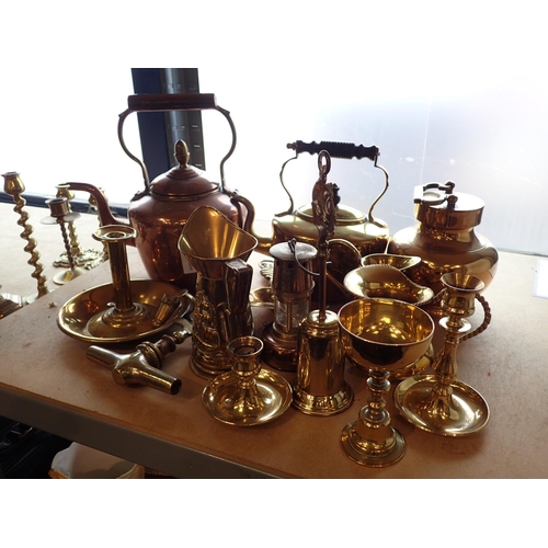 1162 - Shelf of mixed brass and copper. Not available for in-house P&P, contact Paul O'Hea at Mailboxes on ... 