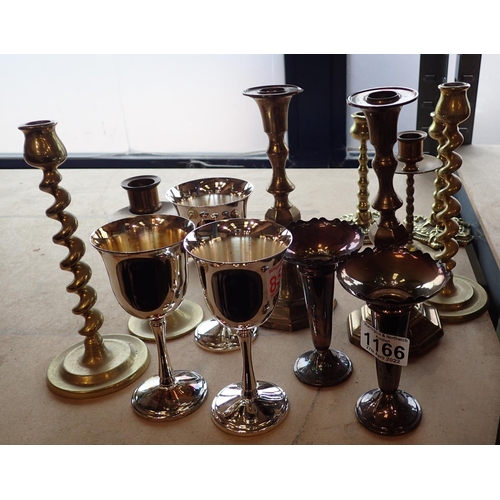 1166 - Brass candlesticks and goblets. Not available for in-house P&P, contact Paul O'Hea at Mailboxes on 0... 