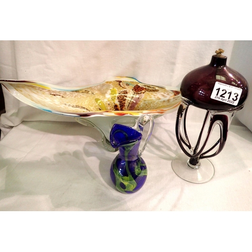 1213 - Glass centerpiece, candle and jug, centerpiece L: 48 cm. Not available for in-house P&P, contact Pau... 