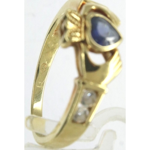 19 - 14ct gold stone set Claddagh dress ring, size L, 2.5g. P&P Group 1 (£14+VAT for the first lot and £1... 