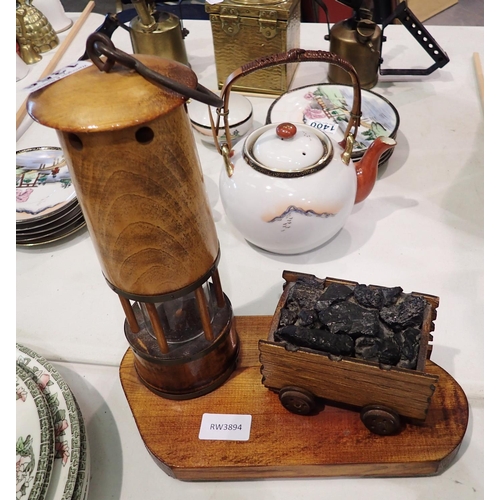 1356 - Wooden miners lamp electric lamp and a model coal truck. Lamp H: 24 cm. Not available for in-house P... 