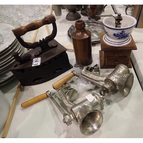 1408 - Cast metal iron, coffee grinder two hand mincers and dockworkers flask. Not available for in-house P... 