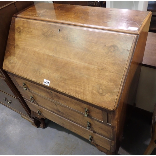 1481 - Oak three drawer bureau with fitted interior. Not available for in-house P&P, contact Paul O'Hea at ... 