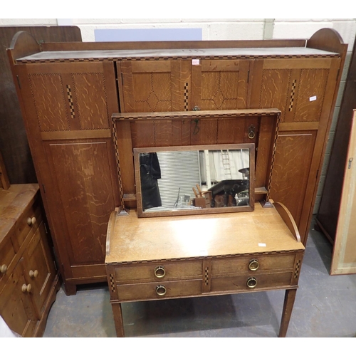 1502 - Edwardian inlaid oak three section wardrobe by Walter Carter, Harrods Ltd Manchester, 185 x 50 x 180... 