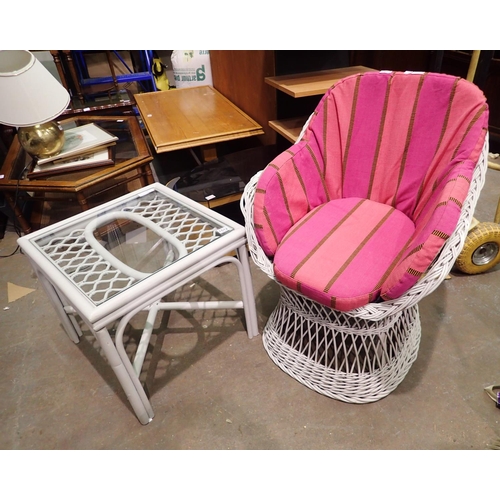 1512 - Light grey painted wicker chair with padded seat and back/arm cushions with matching glass topped co... 