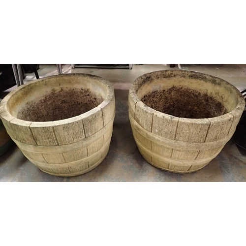 1529 - Pair of stone plant pots in the form of barrels, D: 45 cm. Not available for in-house P&P, contact P... 