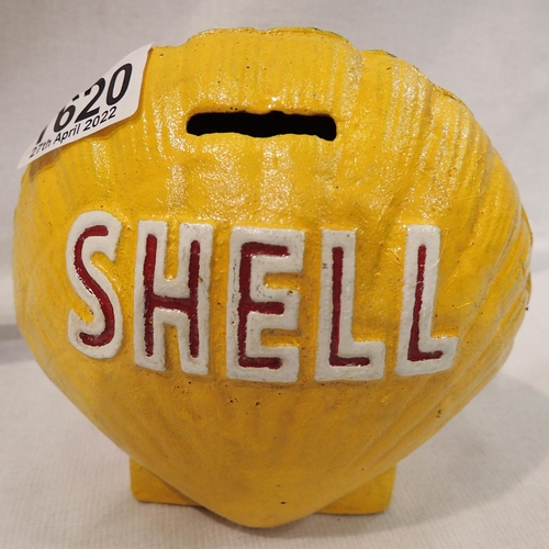 1620 - Cast iron Shell moneybox. P&P Group 2 (£18+VAT for the first lot and £3+VAT for subsequent lots)