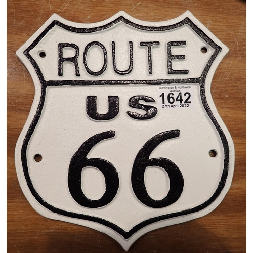 1642 - Cast iron Route 66 sign, 22 x 25 cm. P&P Group 2 (£18+VAT for the first lot and £3+VAT for subsequen... 