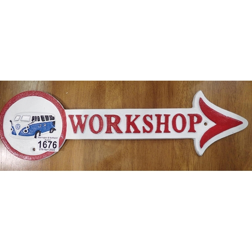 1676 - Cast iron VW workshop arrow sign, 40 x 12 cm H. P&P Group 2 (£18+VAT for the first lot and £3+VAT fo... 