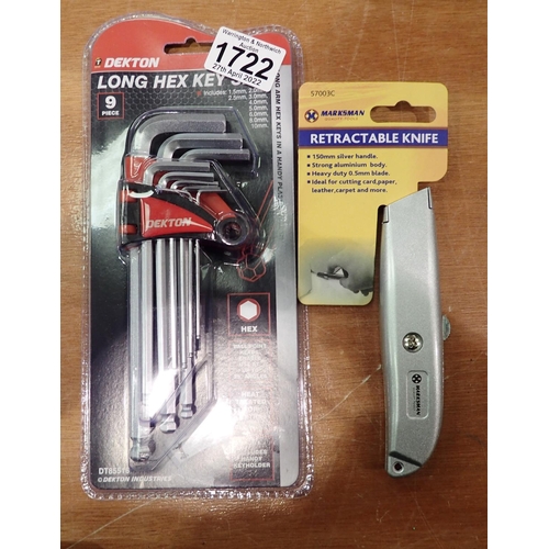 1722 - New unused retractable knife and long hex key set. P&P Group 1 (£14+VAT for the first lot and £1+VAT... 