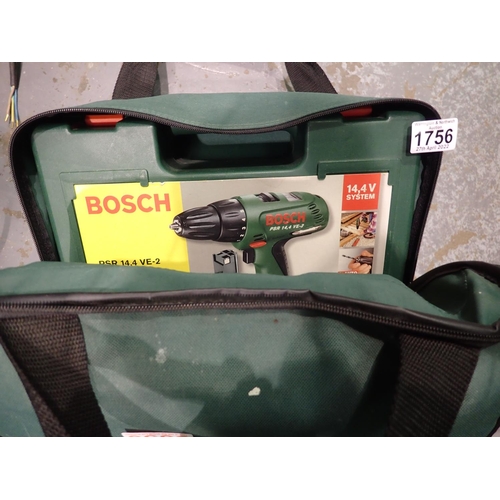 1756 - Bosch cordless drill in carry bag with drill bits. Not available for in-house P&P, contact Paul O'He... 