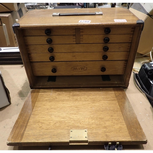 1788 - Moore & Wright oak tool cabinet fitted with seven drawers, lacking key, 44 x 22 x 29 cm. Not availab... 