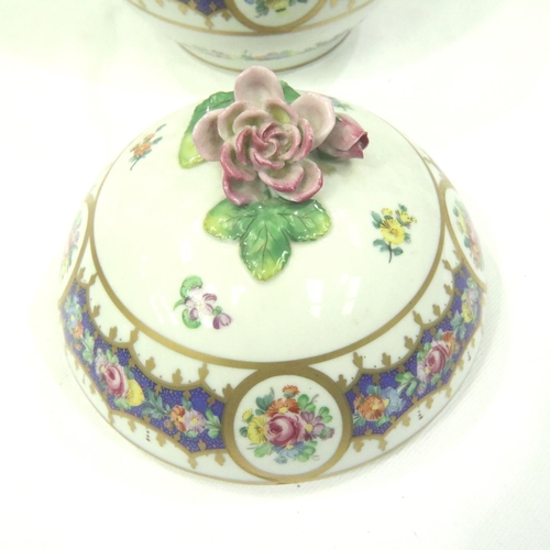 181 - Dresden globular covered pot with painted and gilt decoration, with applied rose to the lid, D: 15 c... 