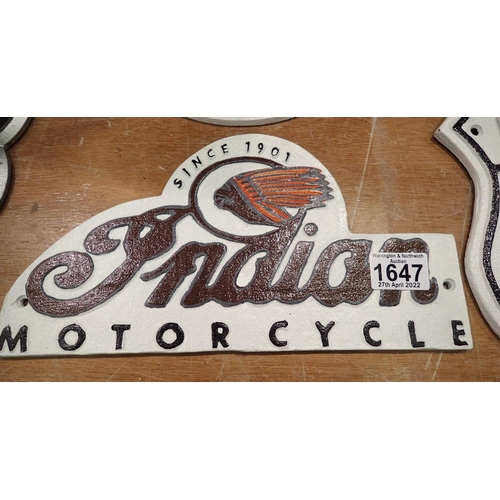 1647 - Cast iron domed Indian Motorcycles plaque, 30 x 15 cm H. P&P Group 2 (£18+VAT for the first lot and ... 