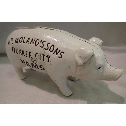 1649 - Cast iron W. Molands pig moneybank, L: 20 cm. P&P Group 2 (£18+VAT for the first lot and £3+VAT for ... 