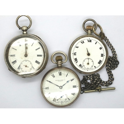 70 - Three hallmarked silver pocket watches for restoration with a hallmarked silver watch chain. P&P Gro... 