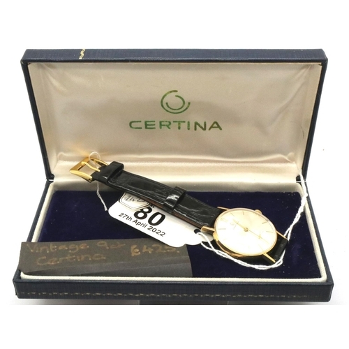 80 - Certina; gents dress wristwatch in a 9ct gold case, champagne dial with seconds subdial at 18:00, me... 