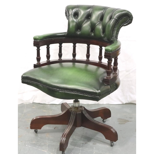 3104 - Mahogany and green leather button back swivel office chair. Not available for in-house P&P, contact ... 