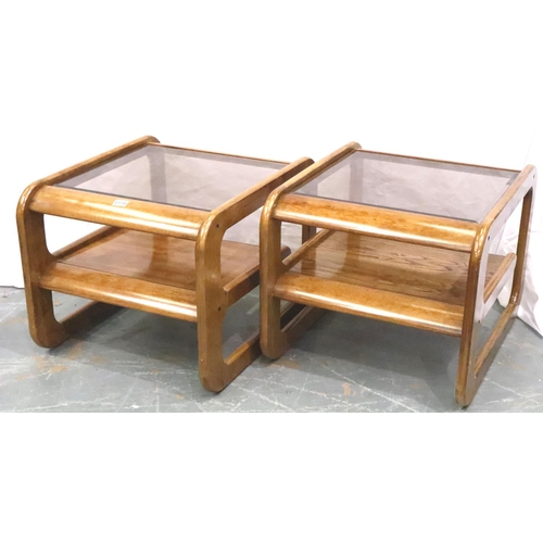 3119 - Lou Hodges (1937-2003) pair of 1970s oak lamp tables in the California design, each with smoked glas... 